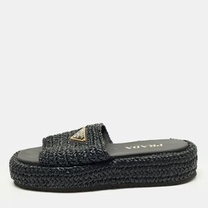 Prada Size 37 Black Raffia Triangle Logo Flat Slides